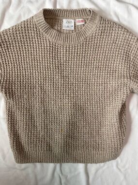 Zara Waffle Knit Short-Sleeve Crew Sweater — Light Beige